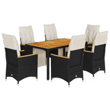 7 Piece Garden Bistro Set with Cushions Black Poly Rattan - Front View