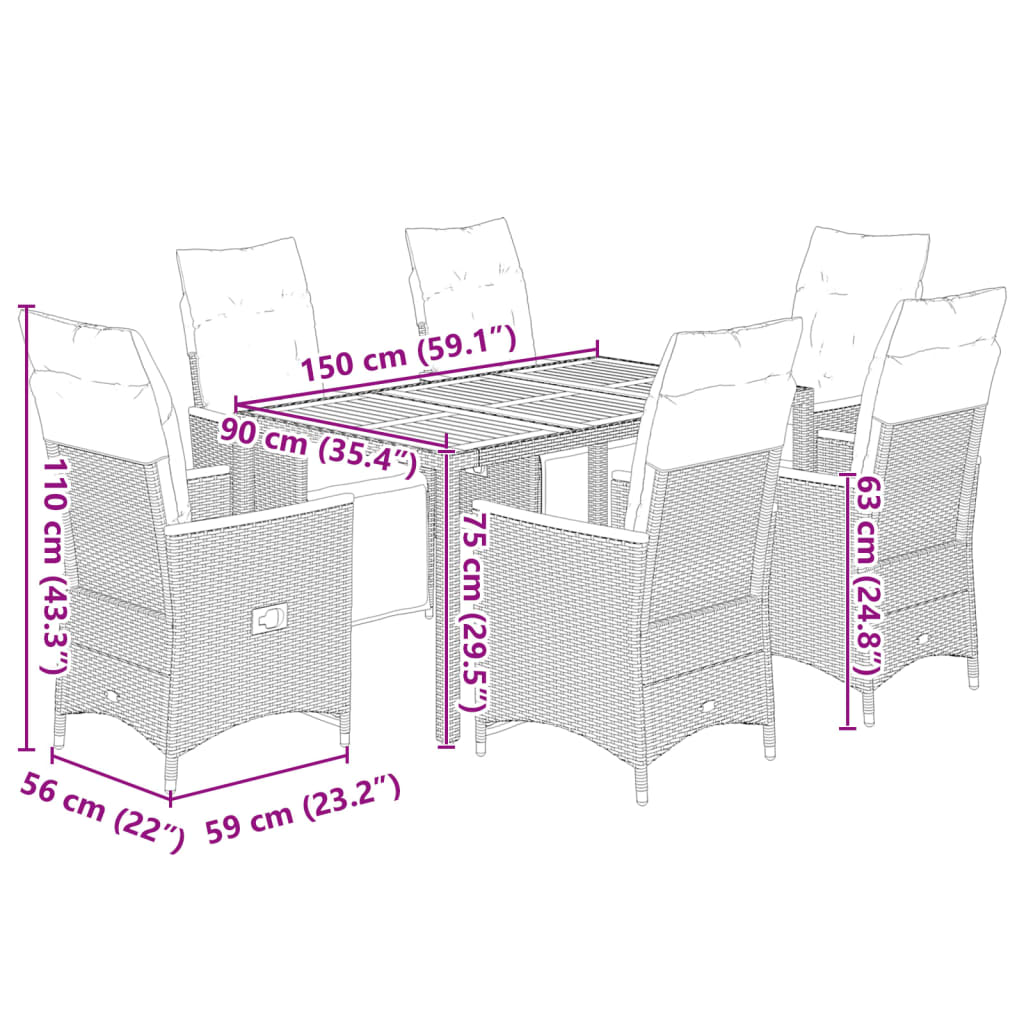 7 Piece Garden Bistro Set with Cushions Black Poly Rattan