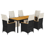 7 Piece Garden Bistro Set with Cushions Black Poly Rattan - Front View