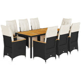9 Piece Garden Bistro Set with Cushions Black Poly Rattan - Front View