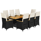 9 Piece Garden Bistro Set with Cushions Black Poly Rattan - Front View