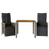 3 Piece Garden Bistro Set with Cushions Grey Poly Rattan - Front View