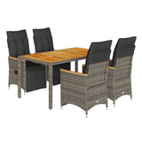 5 Piece Garden Bistro Set with Cushions Grey Poly Rattan - Front View