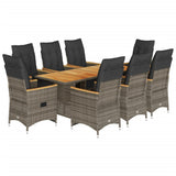 9 Piece Garden Bistro Set with Cushions Grey Poly Rattan - Front View