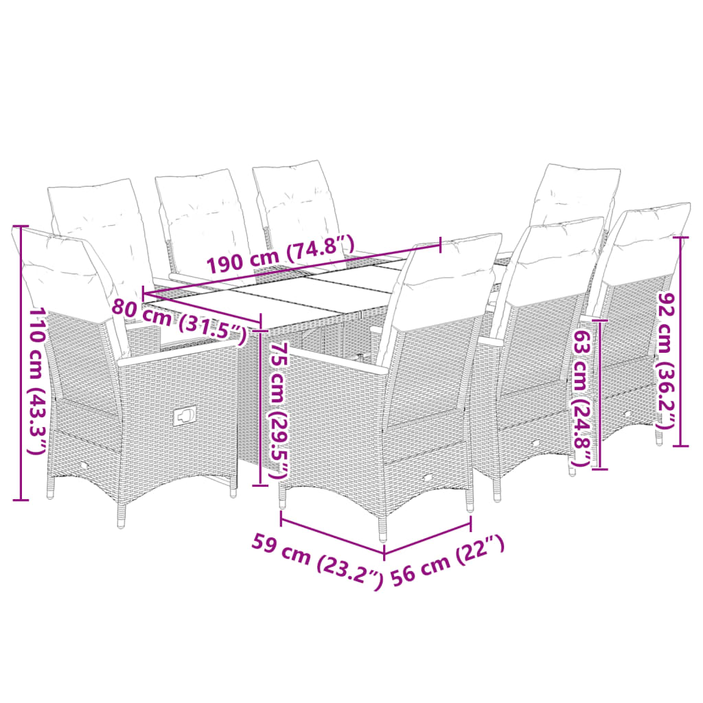 9 Piece Garden Bistro Set with Cushions Grey Poly Rattan