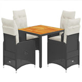 5 Piece Garden Bistro Set with Cushions Black Poly Rattan