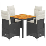 5 Piece Garden Bistro Set with Cushions Black Poly Rattan - Front View