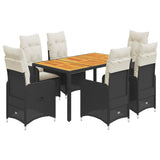 7 Piece Garden Bistro Set with Cushions Black Poly Rattan - Front View