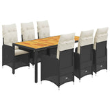 7 Piece Garden Bistro Set with Cushions Black Poly Rattan - Front View