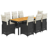9 Piece Garden Bistro Set with Cushions Black Poly Rattan - Front View