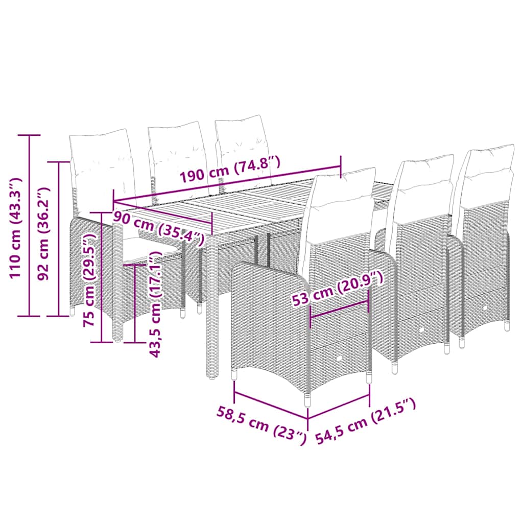 9 Piece Garden Bistro Set with Cushions Black Poly Rattan