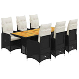 7 Piece Garden Bistro Set with Cushions Black Poly Rattan - Front View