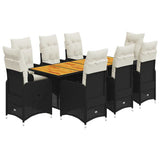 9 Piece Garden Bistro Set with Cushions Black Poly Rattan - Front View