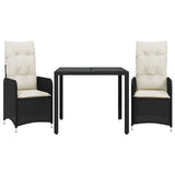 3 Piece Garden Bistro Set with Cushions Black Poly Rattan - Front View