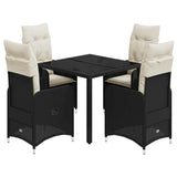 5 Piece Garden Bistro Set with Cushions Black Poly Rattan - Front View
