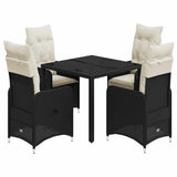 5 Piece Garden Bistro Set with Cushions Black Poly Rattan - Front View