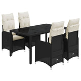 5 Piece Garden Bistro Set with Cushions Black Poly Rattan - Front View