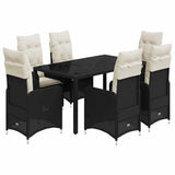 7 Piece Garden Bistro Set with Cushions Black Poly Rattan - Front View