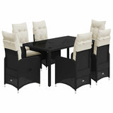 7 Piece Garden Bistro Set with Cushions Black Poly Rattan - Front View