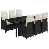 7 Piece Garden Bistro Set with Cushions Black Poly Rattan - Front View