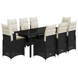 9 Piece Garden Bistro Set with Cushions Black Poly Rattan - Front View