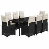 9 Piece Garden Bistro Set with Cushions Black Poly Rattan - Front View