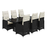 7 Piece Garden Bistro Set with Cushions Black Poly Rattan - Front View