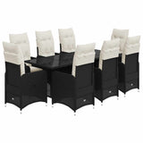9 Piece Garden Bistro Set with Cushions Black Poly Rattan - Front View