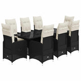 9 Piece Garden Bistro Set with Cushions Black Poly Rattan - Front View