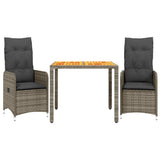 3 Piece Garden Bistro Set with Cushions Grey Poly Rattan - Front View