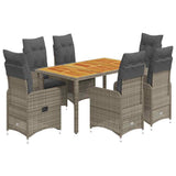 7 Piece Garden Bistro Set with Cushions Grey Poly Rattan - Front View