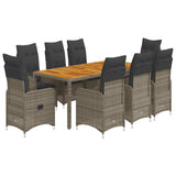 9 Piece Garden Bistro Set with Cushions Grey Poly Rattan - Front View