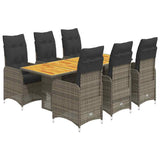 7 Piece Garden Bistro Set with Cushions Grey Poly Rattan - Front View