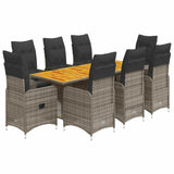 9 Piece Garden Bistro Set with Cushions Grey Poly Rattan - Front View