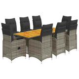 9 Piece Garden Bistro Set with Cushions Grey Poly Rattan - Front View