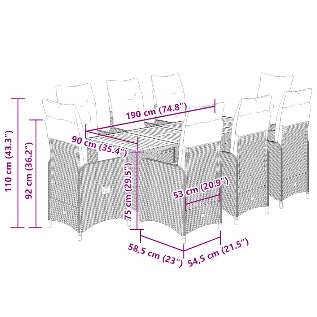 9 Piece Garden Bistro Set with Cushions Grey Poly Rattan