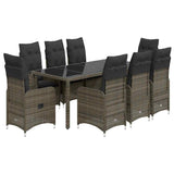 9 Piece Garden Bistro Set with Cushions Grey Poly Rattan - Front View