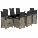 9 Piece Garden Bistro Set with Cushions Grey Poly Rattan - Front View