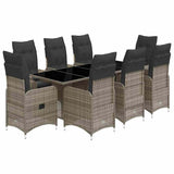 9 Piece Garden Bistro Set with Cushions Grey Poly Rattan - Front View