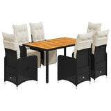 7 Piece Garden Bistro Set with Cushions Black Poly Rattan - Front View