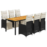 7 Piece Garden Bistro Set with Cushions Black Poly Rattan - Front View