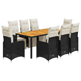9 Piece Garden Bistro Set with Cushions Black Poly Rattan - Front View