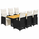 7 Piece Garden Bistro Set with Cushions Black Poly Rattan - Front View