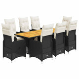9 Piece Garden Bistro Set with Cushions Black Poly Rattan - Front View