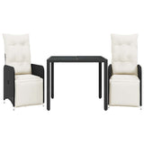 3 Piece Garden Bistro Set with Cushions Black Poly Rattan - Front View