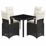 5 Piece Garden Bistro Set with Cushions Black Poly Rattan - Front View