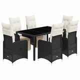 7 Piece Garden Bistro Set with Cushions Black Poly Rattan - Front View