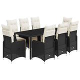 9 Piece Garden Bistro Set with Cushions Black Poly Rattan - Front View