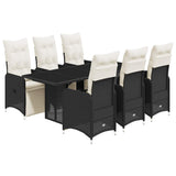 7 Piece Garden Bistro Set with Cushions Black Poly Rattan - Front View