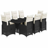 9 Piece Garden Bistro Set with Cushions Black Poly Rattan - Front View